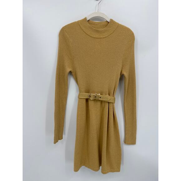 Free People Metallic Gold French Girl Mini Dress Belted 3/4 Sleeve Small - Picture 2 of 8